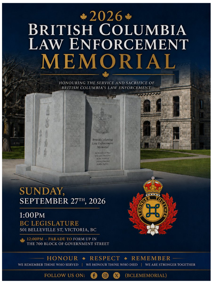 BCLEMemorial's tweet photo. On 27SEP, law enforcement from near & far will gather @BCLegislature to honour 135 #BCLEM colleagues who've fallen in the line of duty in BC.
You're invited: emergency vehicle display, pipe bands, m/c team, patrol horses, processional march, & ceremony.
#HonourThe135 #WhyWeGather https://t.co/WppuuiXRwy