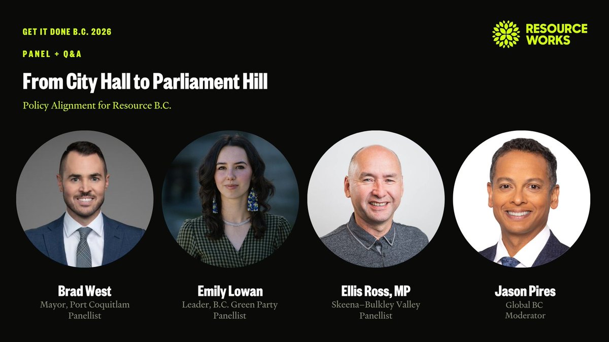 Resource_Works's tweet photo. Three levels of government, three parties, one question: who is actually building the policy framework that lets resource communities succeed?
@BradWestPoCo, @Emily_Lowan & @Ellisbross discuss in their #GetItDoneBC panel, From City Hall to Parliament Hill.
Moderated by @GlobalBC’s @JPiresGlobal.