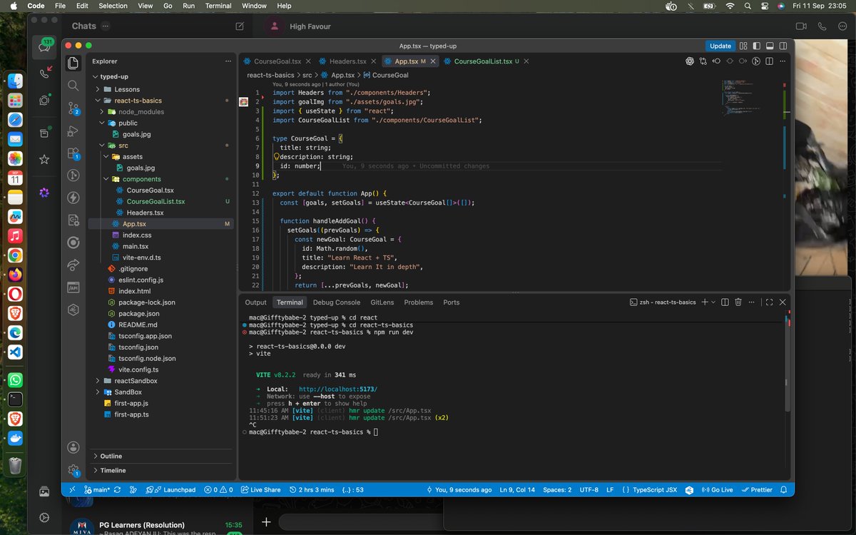 Gifftybabe's tweet photo. Day 5/100 

 Today, I got TypeScript and React talking properly 😂 

 Worked with useState(), typed my state, updated it and rendered values based on the current state.  

React + TS is slowly making sense. 🔥 

 #100DaysOfTypeScript #BuildInPublic https://t.co/jSOWgm0drK