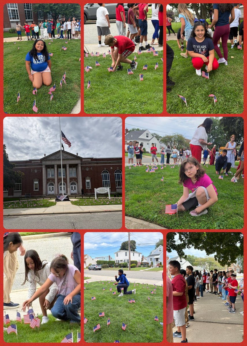 WHGWRams's tweet photo. Today, our students paused to remember and honor the lives lost on September 11, 2001. With flags placed across our lawn and a moment of silence, we came together to remember, reflect, and never forget. #WHe @WhufsdRams https://t.co/F3W3xllkng