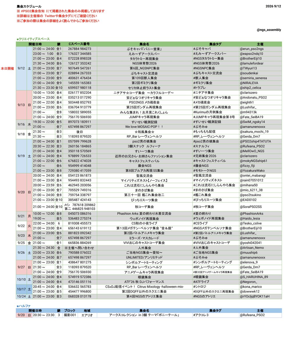ngs_assembly's tweet photo. #PSO2集会告知 

【9/12更新】
PSO2集会告知タグに掲載されている集会予定一覧です

※ 全シクリスペでの開催は鯖名の併記をお願いします
※ 各集会の詳細はPSO2集会告知又は、各集会タグをご参照ください https://t.co/1ISBWgJ5SA