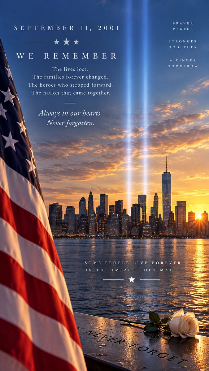 TownerChristina's tweet photo. September 11, 2001. 🇺🇸
Today, we remember the lives lost, the families forever changed, and the heroes who ran toward danger to help others.
May we never forget the courage, sacrifice, and unity shown that day. #NeverForget #September11 #PatriotDay #911Remembrance #UnitedWeStand https://t.co/wqIGj1fIiH