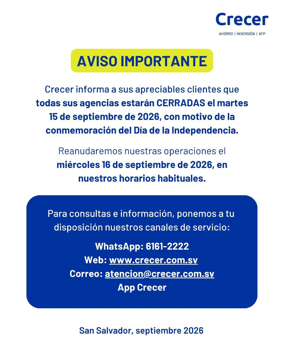 AFPCrecer's tweet photo. Crecer informa a todo el público 📢

#ServiciosCrecer #YoDecidoCrecer https://t.co/GQDQRWBui8