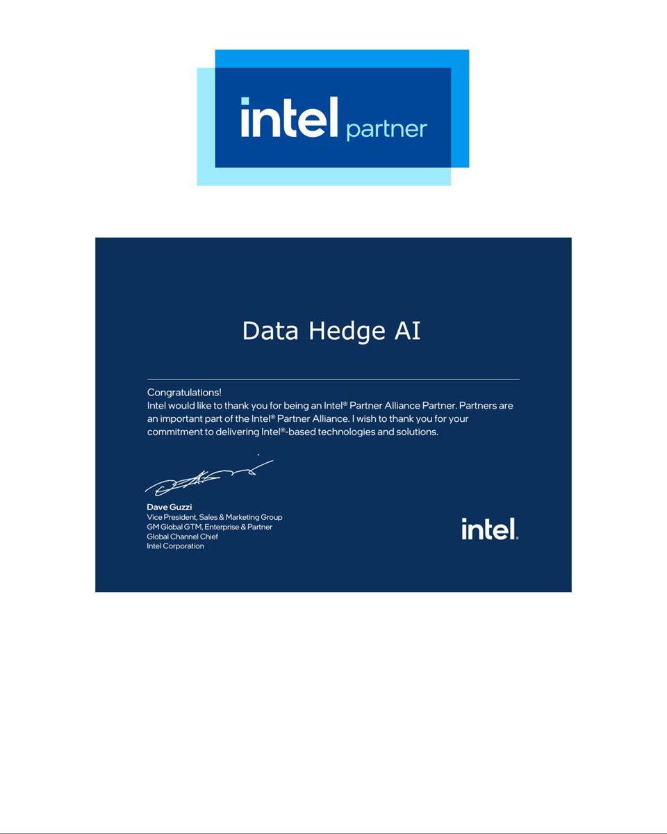 DATAHEDGEAI's tweet photo. We now officially hold our @intel Partner certificate. 🤝🖋️

For decades, Intel has been one of the companies driving the evolution of the computing industry. From the history of the microprocessor to today’s data centers, AI, and edge computing, Intel’s research and engineering have helped lay the foundation for countless technologies.

I believe much of the modern computing environment we use today has been built upon the technological legacy Intel has developed over many years.

It is truly meaningful for us to be part of the @intel partner ecosystem, backed by such a remarkable history and technological expertise.