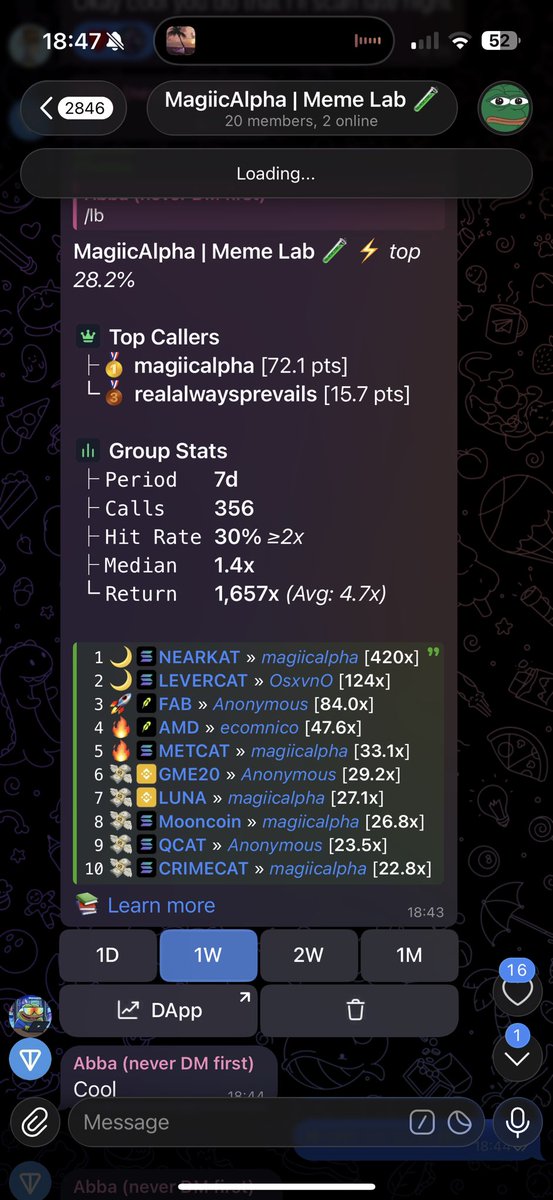 MagiicAlpha's tweet photo. Have you ever seen a group of memecoiners this successful? Caught more than 10 5x in the last hour with 420x on nearkat this week. Small account have the most value. https://t.co/2vn9tI0xWj