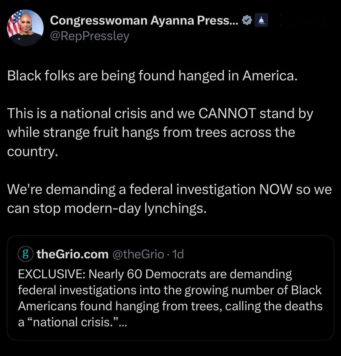 robbystarbuck's tweet photo. Democrats and media like @AOC @RepPressley + @theGrio are trying to stoke racial terror and division by pretending that lynchings are happening all over the country.

In reality, nearly all of these have been ruled suicides. Of the 2 that aren’t confirmed suicides: One has a black man as the lead suspect and the other has no known suspect.

It’s a totally made up problem to stoke division and fear. They actively want there to be racism and racial fear because it produces votes & clicks for them. In reality there’s no epidemic and not one of the cases they cited was a case where a White person lynched a Black person. Not one. They should be deeply embarrassed for trying to pull this when people can easily research it. 

I suspect they may delete their posts now that they’ve been community noted to expose what they’re doing but screenshots last forever. Absolutely disgusting behavior from these 2 and the other 58 democrats who were behind this.