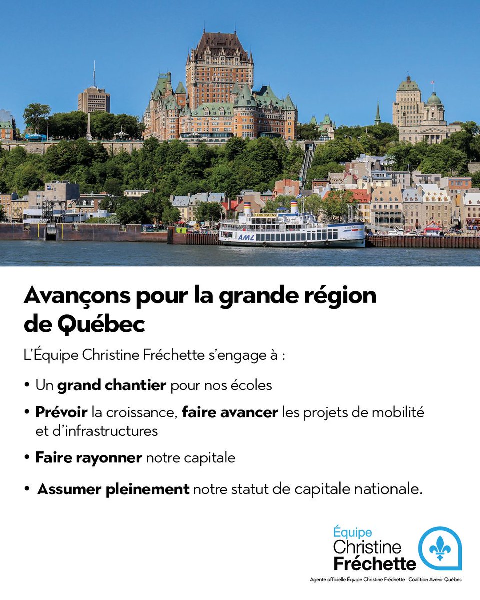 coalitionavenir's tweet photo. Pour préparer la grande région de la Capitale-Nationale à sa forte croissance, l’Équipe Fréchette s'engage à investir près de 800 M$ dans les écoles, accélérer les projets majeurs de mobilité et déployer la phase 4 de la promenade Samuel-De Champlain. 

✅ On donnera à la grande région de Québec tous les moyens pour avancer! 

Pour plus de détails 👉️ https://t.co/uerU1tkrev 

Consultez la plateforme 👉 https://t.co/lclePZBpLh 

#équipefréchette #caq #polqc #québec