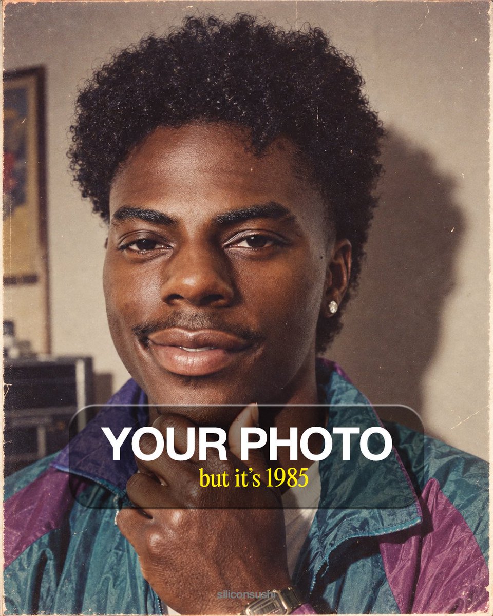 siliconsushi's tweet photo. I’ve been experimenting with turning modern photos into photographs that look like they were genuinely taken in the 1980s.

Not just a retro filter — clothing, hair, grooming, environment, analog film characteristics, while preserving the person’s identity. https://t.co/jaOy3pQVP1