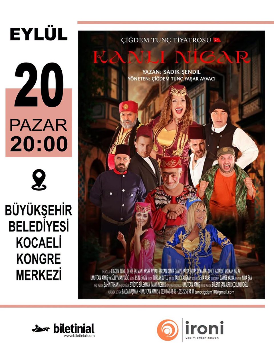 zafercetinn's tweet photo. ÜNLÜ KOMEDİ 'KANLI NİGAR' İZMİT'TE SAHNELENECEK. 
ÇİĞDEM TUNÇ TİYATROSUNDAN  YILDIZLAR GEÇİDİ 
Sadık Şendil’in usta kaleminden, geleneksel Türk tiyatrosunun neşeli intikam hikayesi.
"Kanlı Nigar," geleneksel Türk orta oyunu türünün en komik oyunudur. 
Tv ve sahnelerden tanıdığınız çok sayıda ünlü ismi aynı sahnede buluşturan oyun sizleri kahkahaya davet ediyor. 

2O Eylül Pazar  20.00
Büyükşehir Belediyesi 
Kocaeli Kongre Merkezi 
Bilet Satış: Biletinial ve Bubilet
#tiyatro #komedi #etkinlik #biletinial #bubilet #ironiyapım #çiğdemtunç #kanlınigar #izmit #kocaeli