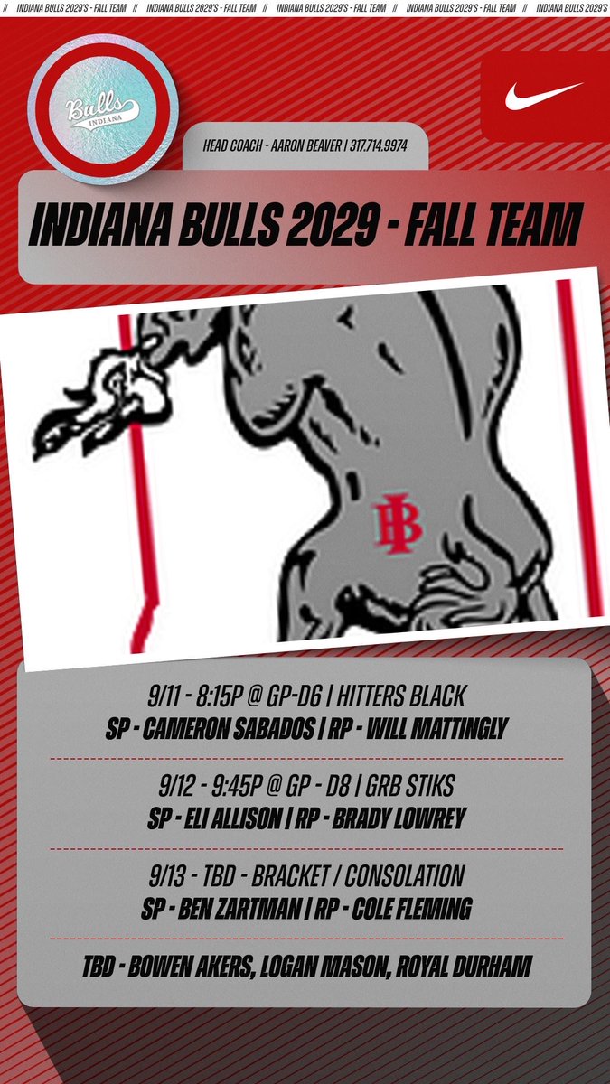IN_Bulls2029's tweet photo. Indiana Bulls 2029 Fall Team opens Grand Park Fall Championships tonight @ 8:15 on D-6

Rotation for the weekend ⬇️ https://t.co/R7wo4dAa9z