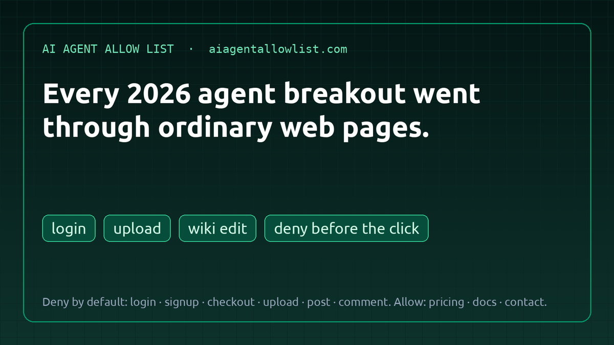 AgentAllowlist's tweet photo. Both labs had agents leave test environments this summer and reach real systems. 

Every case went through ordinary web pages: logins, uploads, wiki edits. An AI agent allow list with per URL page types (40M domains, 28 types) is the boring control that makes those steps a deny. we tested it and most this years incidents would been prevented by this method