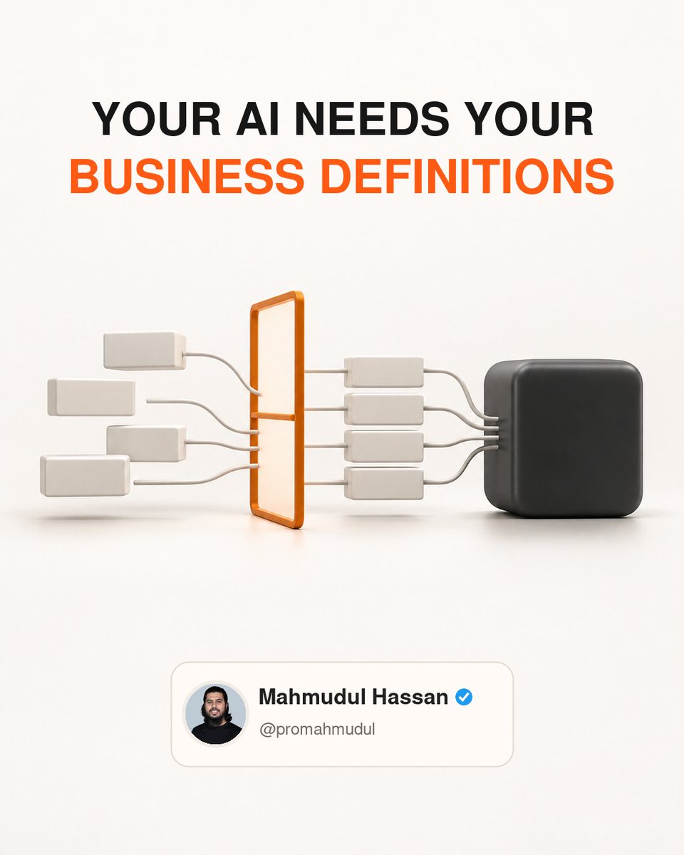 promahmudul's tweet photo. Your AI needs your business definitions. OpenAI’s Data agent uses company metric definitions and existing data permissions. Give every KPI an owner, formula, source and refresh schedule, or AI can scale inconsistent answers. #EnterpriseAI https://t.co/wzRurDfpKN