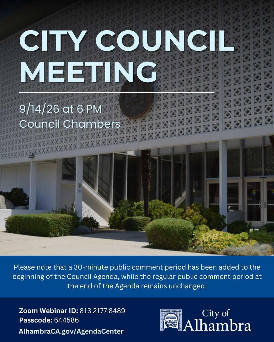cityofalhambra's tweet photo. 📅 The Alhambra City Council will hold its next regular meeting on Monday, September 14, at 6:00 PM in the City Hall Council Chambers (111 S. First St).

💻 View the agenda at https://t.co/5rCW17CbWQ https://t.co/k0BywOJIsT