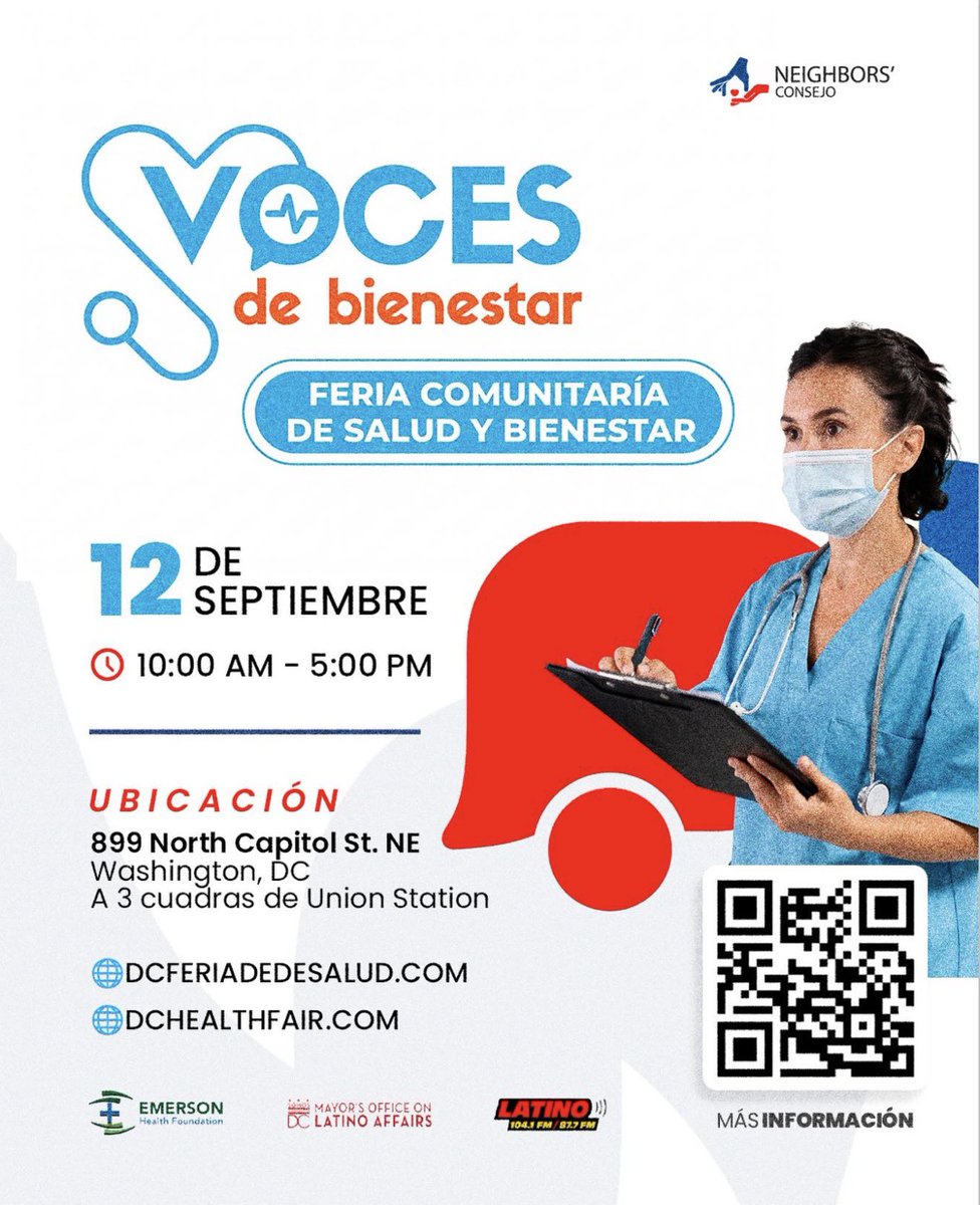 NeighborscOrg's tweet photo. ¡Acompáñanos mañana en la Feria Comunitaria "Voces de Bienestar"! @emersonclinical 💙 En @NeighborscOrg tendremos recursos gratuitos de salud mental y orientación bilingüe para ti.

📍 899 N Capitol St NE, DC (a 3 cuadras de Union Station)
⏰ 10 AM - 5 PM https://t.co/c61z26z0uN
