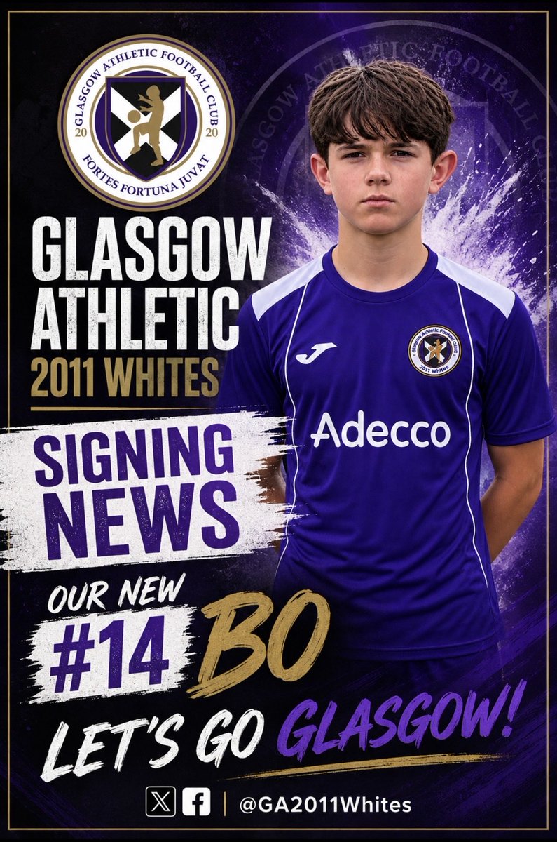 GA2011Whites's tweet photo. 👀✍️ SIGNING NEWS

We all love a Friday night signing!

We welcome our new #14 BO from Cambuslang Colts. Great to have him on board, and see him in the purple &amp; white for the 2026/27 season 🟣⚽️⚪️ https://t.co/qnhau52foH