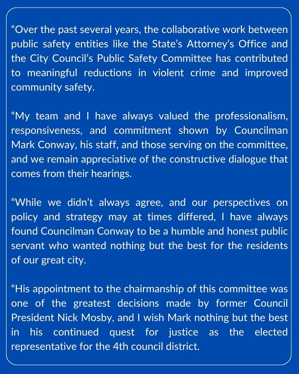 ivanjbates's tweet photo. My statement on the removal of Councilman Mark Conway as Chair of the Baltimore City Council’s Public Safety Committee https://t.co/ujlXnYFGVS