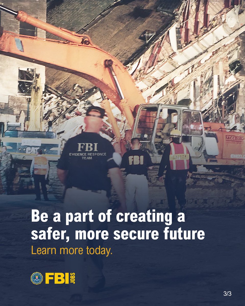 FBIJobs's tweet photo. On #September11, 2001, the #FBI began the largest investigation in Bureau history. Today, we remember those lost and honor all who answered the call. Be a part of creating a safer, more secure future. Learn more today. #FBIJobs https://t.co/z5iczFwiVg https://t.co/H5UHFpa7uF