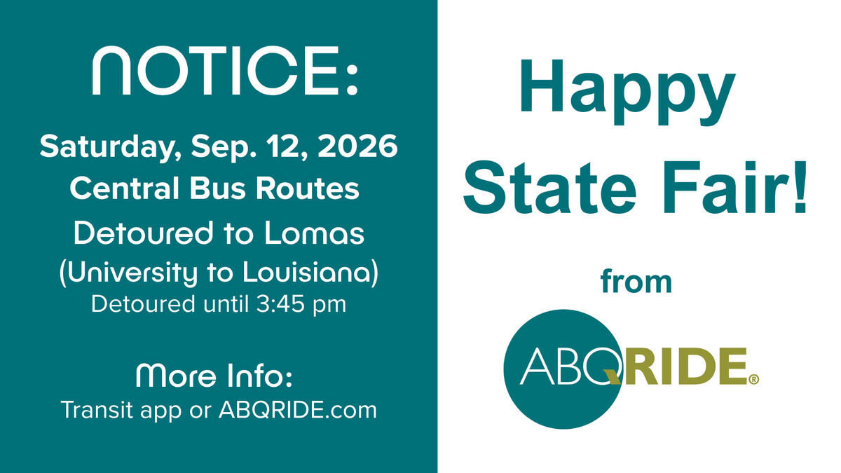 abqride's tweet photo. Attention Riders: State Fair Parade Detour!

On Sat., Sep. 10, several bus routes will be detoured. Routes 66, 766, 141, 16, and 157 will be detoured from 5:30 am until 3:45 pm. All local stops on detour will be served for drop-off only. 

More info here: https://t.co/7Ra3bFOilR https://t.co/8goe43naLu