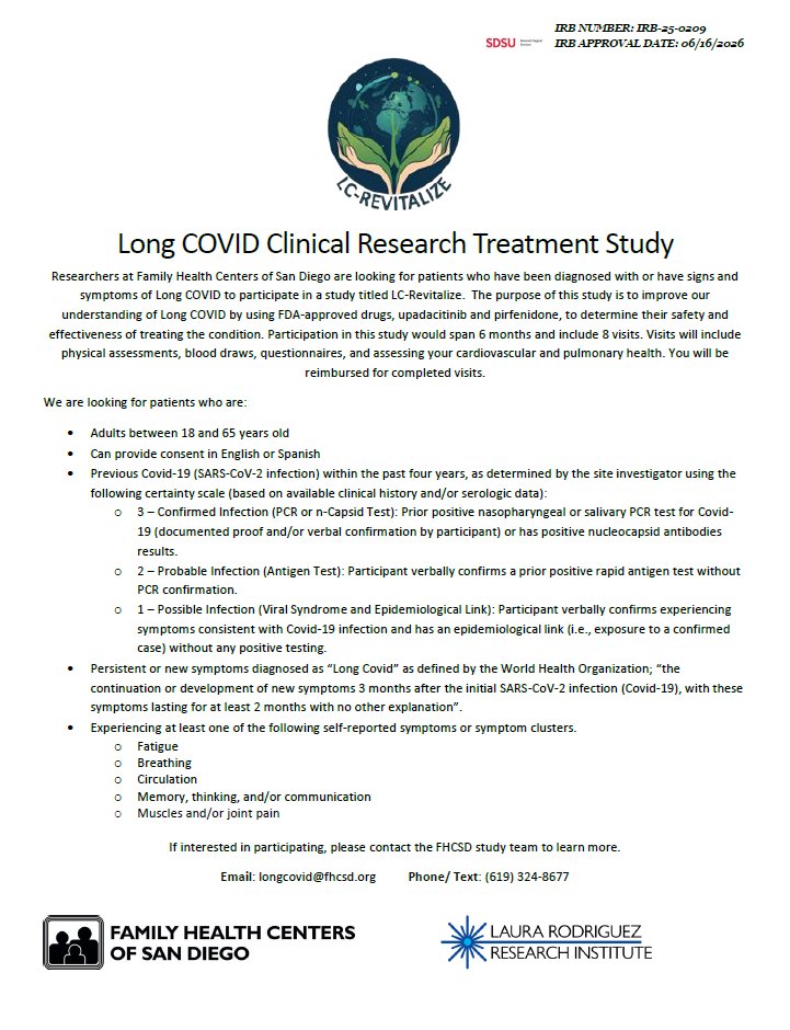 Informational flyer for a Long COVID clinical research study by Family Health Centers of San Diego seeking adults aged 18-65 with Long COVID symptoms for a 6-month study.