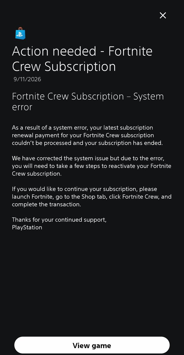 SoyMusicBomba's tweet photo. @FortniteStatus Here is also my push notification I received through PlayStation on how one should go about reactivating their crew https://t.co/ICxOE5OHW0