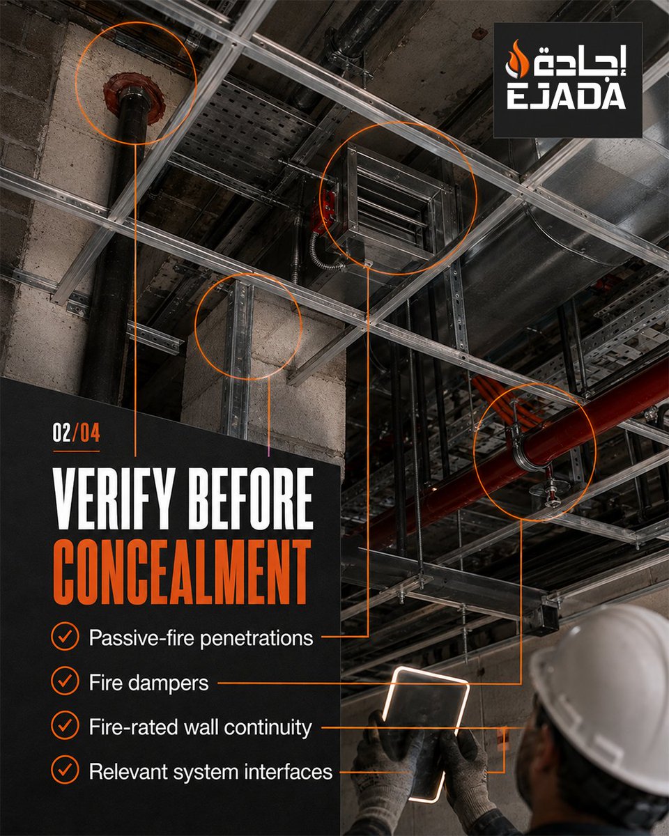 ejadasafety's tweet photo. Before You Close the Ceiling: Hidden Fire-Safety Details That Should Be Verified First

#PassiveFireProtection #Construction #SiteInspection #FireSafety #FireEngineering #QualityControl #EjadaSafety #EjadaSafetyUAE #EjadaAbuDhabi https://t.co/CwGlD9TCu1