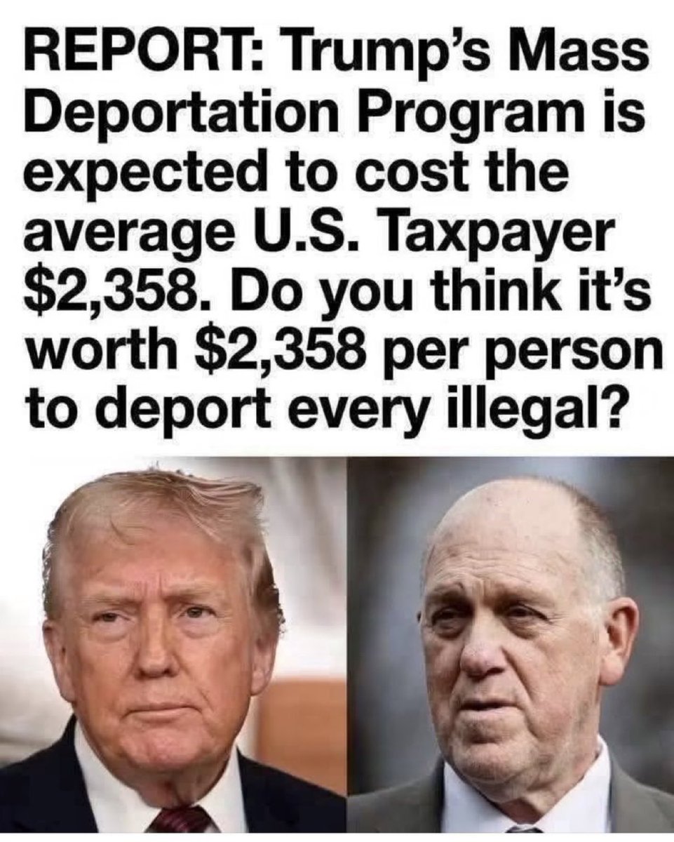 MFlynn_Official's tweet photo. 🇺🇸 Do you think spending $2,358 per deportation is worth it to carry out Trump’s mass-deportation plan?

🅰️ Yes — enforce it 🇺🇸
🅱️ No — too expensive 💰

Cast your vote! 🗳️ https://t.co/2gKqSQn9F1