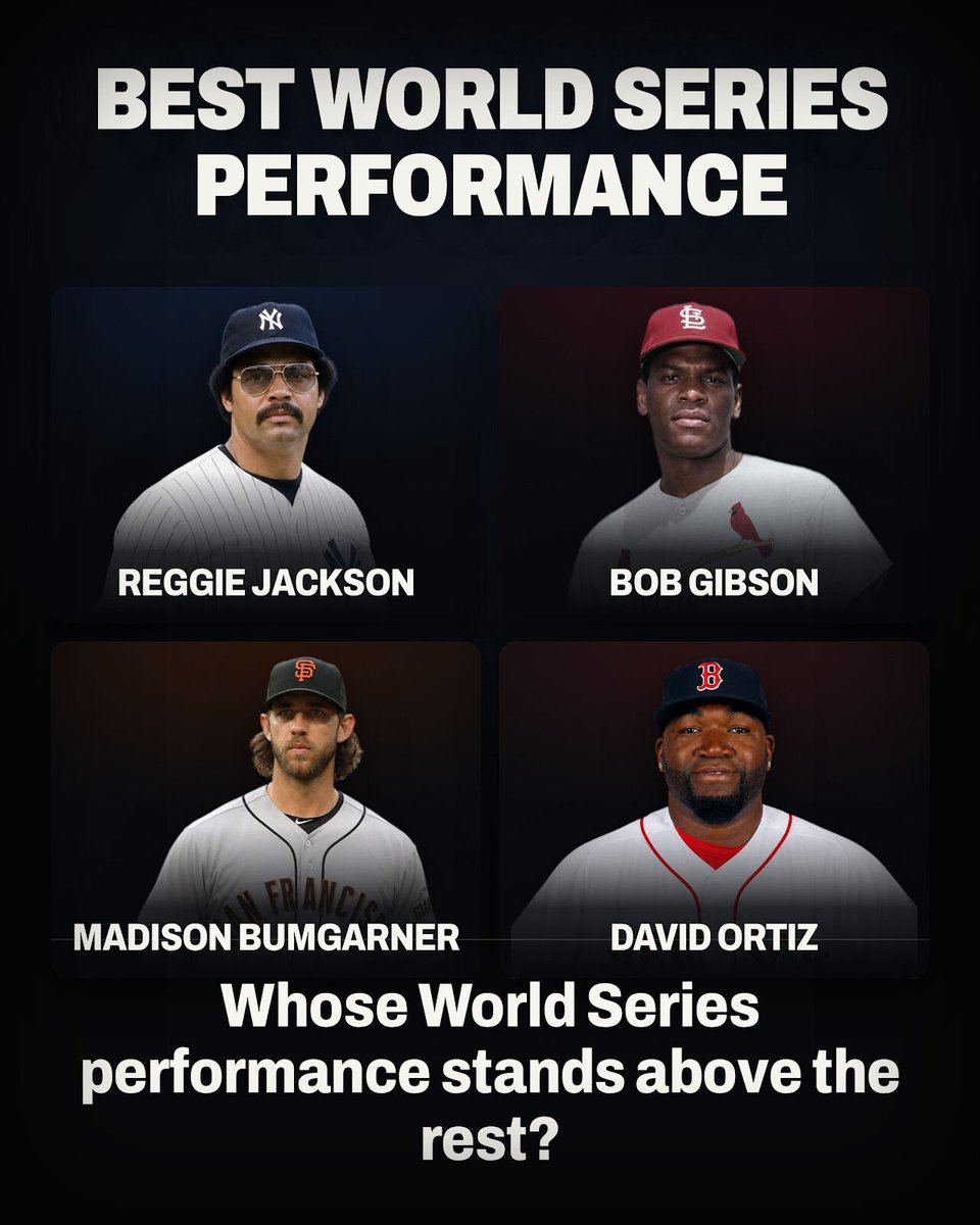 BBGreatMoments's tweet photo. Bumgarner in 2014 takes this, and the last outing is the reason. He had already thrown a shutout in Game Five when San Francisco brought him out of the bullpen in Game Seven, on two days rest, and asked him for five innings.

By that point the series had turned into a question about one man.

He gave them five scoreless. Asking is the part I keep thinking about. Somebody in that dugout had to decide it was reasonable to send him back out, and he had to agree, and then it had to work.

His career World Series earned run average is 0.25 across 36 innings, which is the lowest of anybody with meaningful volume, and volume is the qualifier that makes the number mean something instead of being a fluke of one good night.

Gibson threw three complete game wins in the 1967 Series, which is a different kind of impossible and would win most versions of this card. Reggie has the single greatest game.

Ortiz hit .688 in 2013, which is a batting average that looks like a typo in a postseason context. Any of those three is a defensible pick and I would not fight anyone over it.

Bumgarner just refused to leave the field.