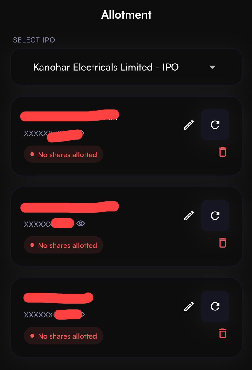 BTS_Army__321's tweet photo. ❌ IPO Journey #37 - NOT ALLOTTED

🏢 Kanohar Electricals IPO
📦 Applied: 3 Lots (69 Shares)
❌ Allotted: 0

No luck with #37 either 😭
On to the next one! 🤞🍀

#KanoharIPO #IPO #IPOJourney #IPOAllotment #IPOIndia https://t.co/QYf5ptd0k9