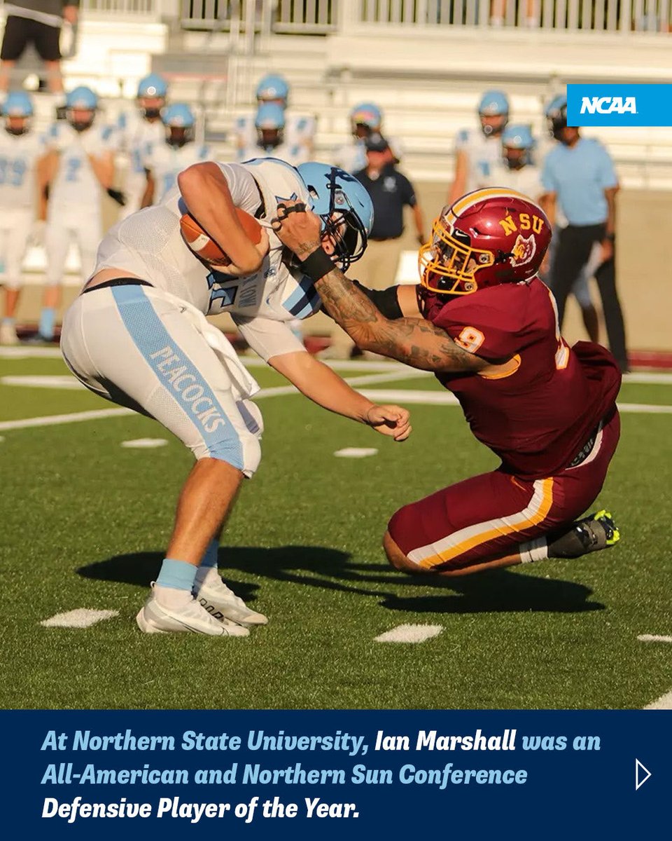 NCAA's tweet photo. Former @NSUWolves_FB star defensive lineman @ianjmarshall_ took the determination, discipline and teamwork he developed on the field to tackle a new challenge: a career as a NASCAR jackman. 🏈🏁

@NCAADII x @WolvesAthletics https://t.co/PR16zcluiZ