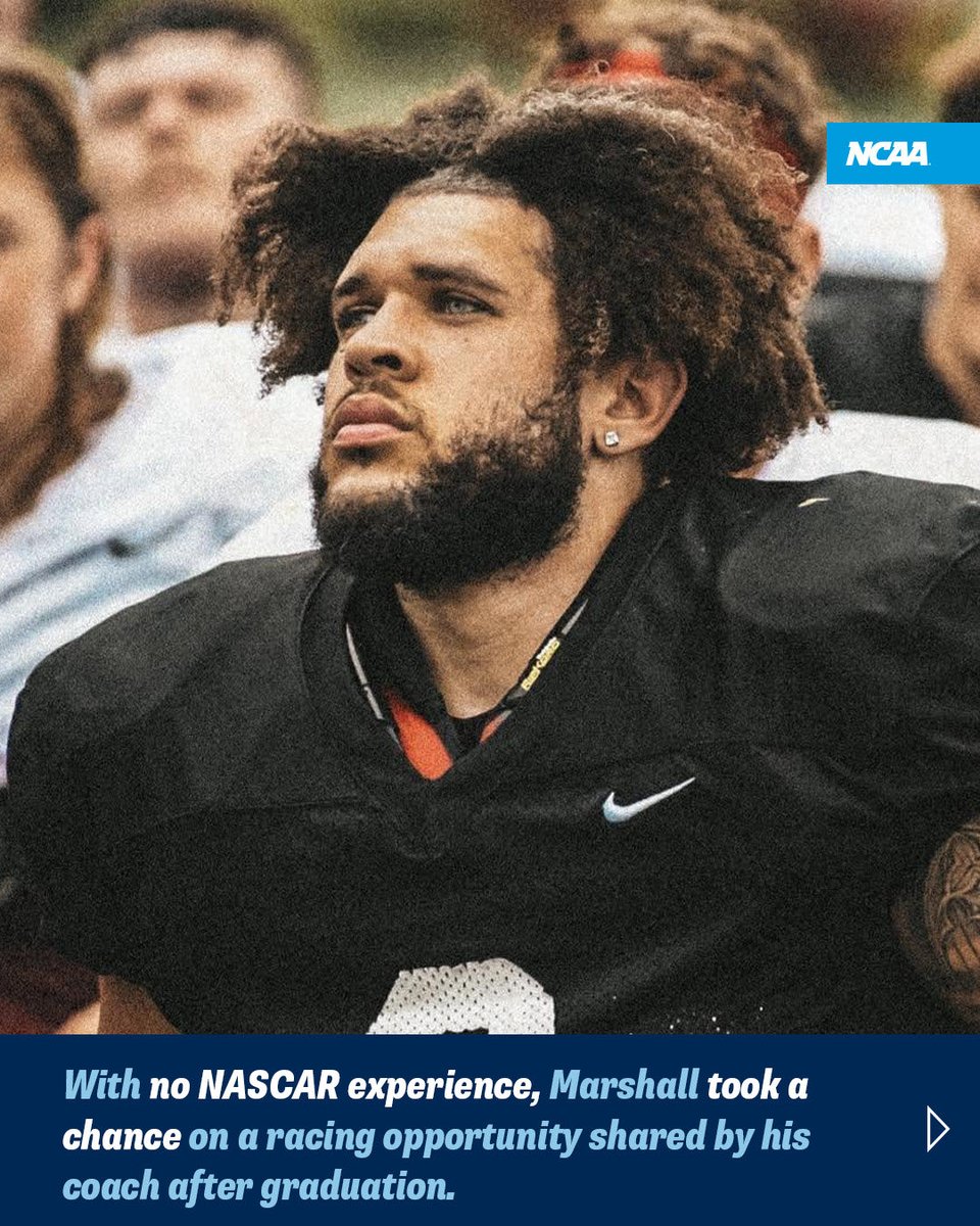 NCAA's tweet photo. Former @NSUWolves_FB star defensive lineman @ianjmarshall_ took the determination, discipline and teamwork he developed on the field to tackle a new challenge: a career as a NASCAR jackman. 🏈🏁

@NCAADII x @WolvesAthletics https://t.co/PR16zcluiZ