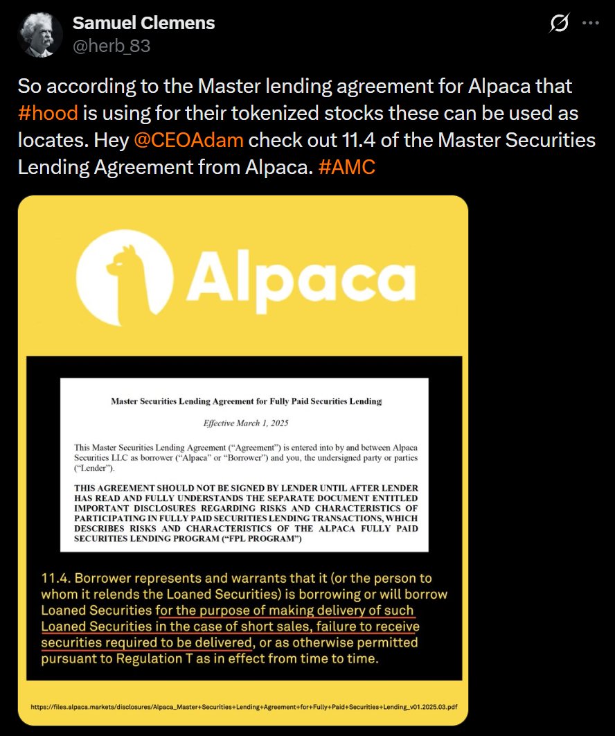 BossBlunts1's tweet photo. Robinhood's "Tokenized Stocks" are a threat to our national security:
- Citadel is owner of Alpaca
- Alpaca is broker & custodian of Robinhood's stock tokens (illegal in the USA, Canada, UK, etc)
- Alpaca's doc's state the tokens can be loaned to institutions to SHORT (then LOANED again)
- RH issues tokens outside the USA (so SEC can't stop them)
- RH has to tell Alpaca when to buy shares to keep tokens 1:1
- RH polices themselves on 1:1 backing 🚔
- If RH doesn't tell Alpaca to buy shares, the tokens aren't 1:1 backed 
- RH hired a 3rd party to "verify" the 1:1 backing and report it 1-TIME PER YEAR (up to 15 months later) 🚨

Does this sound healthy for US financial markets? -- This is the OPPOSITE of Making America Great Again! --

REPOST & BOOKMARK!!! Put👀🔎 on this!
@JDVance @POTUS @realDonaldTrump @RobertKennedyJr @SecKennedy @pulte @DNIPulte @DirectorPulte @FBIDirectorKash @CFTC @CFTCbehnam @SecScottBessent @SecRubio @SECGov @USAttorneys @USAttyEssayli @USAO_DC @KenPaxtonTX @SECPaulSAtkins @MichaelSelig @FinancialCmte @USHouseFSC @RepFrenchHill @CEOAdam @ryancohen @RepMaxineWaters @JohnReedStark @business @FoxBusiness @NewYorkStateAG @DOJFraudDiv @DOJCrimDiv @CivilRights @JusticeOIG @DOJNatSec @dojphofficial @cvpayne