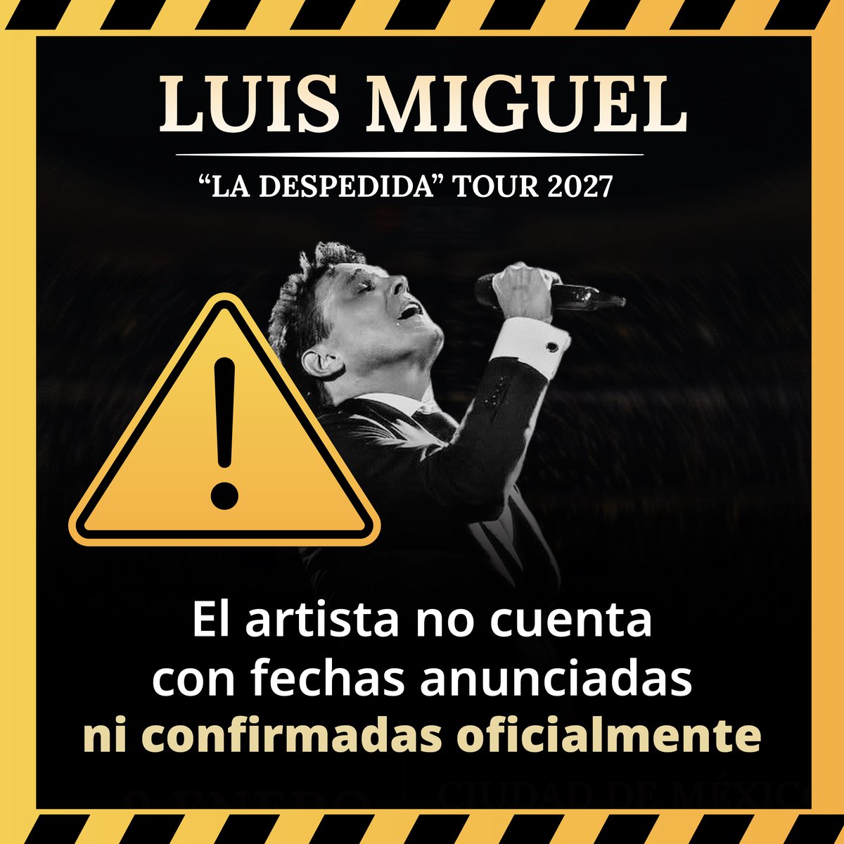 Profeco's tweet photo. 🚨 Aviso importante 🚨

Profeco detectó la difusión de supuestas fechas de conciertos de @LMXLM en México para 2027 a través de #GoTicket, plataforma que no es una boletera oficial.

Al momento del monitoreo, estas fechas tampoco han sido anunciadas en los canales oficiales del artista.

Se recomienda no realizar compras hasta confirmar la autenticidad del evento y del sitio de venta.

#Profeco #Boletos #VentaDeBoletos #Conciertos #CompraSegura