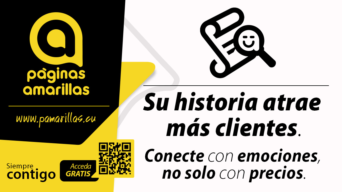 pamarillas_Cuba's tweet photo. 📖El storytelling conecta emocionalmente y genera confianza. ¿Su anuncio vende productos o cuenta su historia?
Incluya origen, valores, equipo y logros en el micrositio de #PáginasAmarillasDeEtecsa
Haga visible la esencia de su negocio.
Solicítelo aquí 👉https://t.co/v7yBtK5wUZ https://t.co/Sf1zGQZ1nZ
