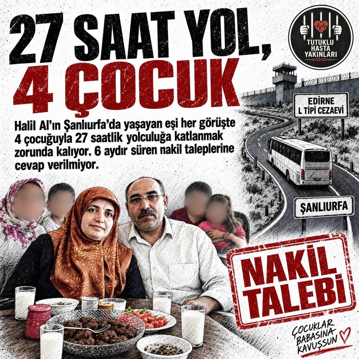 Hapsedilenlr's tweet photo. Yumuşak doku kanseri hastası Halil Al, 6 aydır Edirne Cezaevi’nde tutuklu. En temel hakkı olan tedaviye erişemiyor.
Çocukları babalarını görebilmek için Şanlıurfa’dan Edirne’ye 27 saatlik yol kat ediyor. Ailenin nakil talepleri ise reddediliyor.

AskeriÖğrenciye Adalet #BJKvERZ https://t.co/tUB2tmzgfx