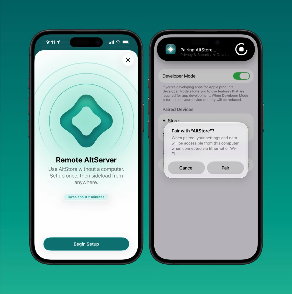 AltStore Classic 2.3rc screenshots of Remote AltServer onboarding steps: Begin Setup & Pairing AltStore