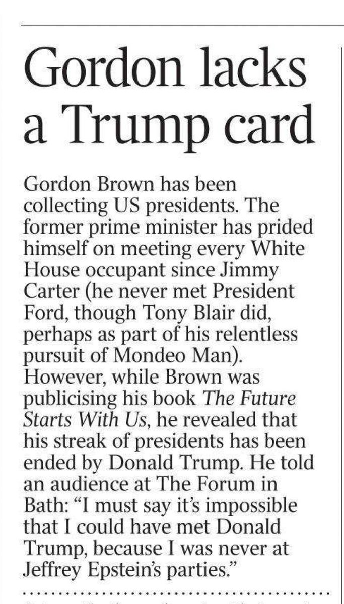LizWebsterSBF's tweet photo. 😂 What a magnificent line from @GordonBrown 👏 

“It’s impossible that I could have met Donald Trump, because I was never at Jeffrey Epstein’s parties.”

Dry, brutal and delivered with perfect Brownian solemnity. 

The Trump card. https://t.co/kBP0eIsCPM