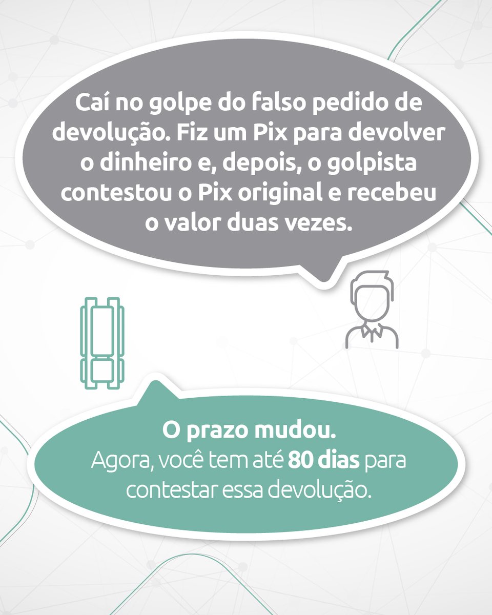 #ParaTodosVerem: Card 4. Em fundo cinza com uma rede de linhas e pontos em tom suave ao fundo, há dois balões de fala ovais. No balão superior, em cinza, está o texto: “Caí no golpe do falso pedido de devolução. Fiz um Pix para devolver o dinheiro e, depois, o golpista contestou o Pix original e recebeu o valor duas vezes.”. Abaixo, aparecem ícones ilustrativos de uma pessoa e de um aperto de mãos. No balão inferior, em verde-água, está o texto: “O prazo mudou. Agora, você tem até 80 dias para contestar essa devolução.”.
