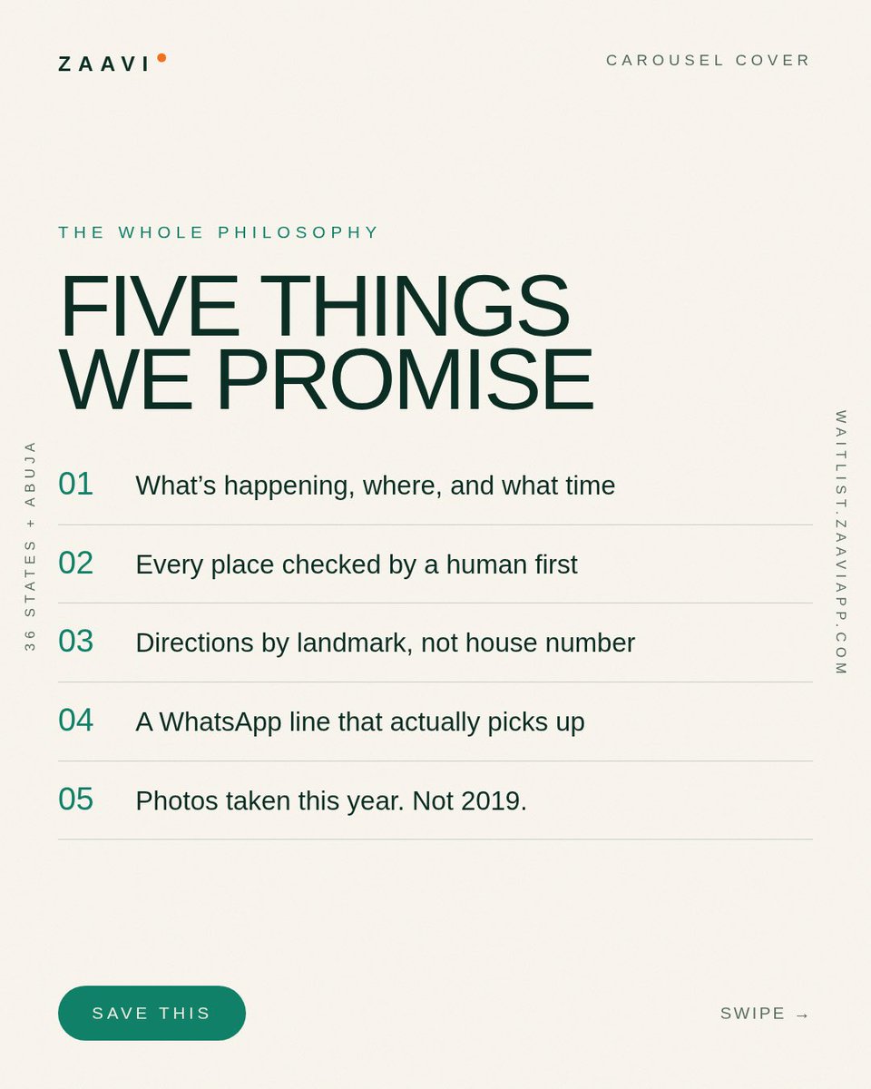 zaaviapp's tweet photo. We’re not just helping you find places.
We’re helping you know what to expect when you get there.

Five promises. One goal: better discovery.

#Zaavi #DiscoverNigeria #ExploreNigeria #NigeriaTravel #NaijaDiscoveries https://t.co/ENgfAW9AGn