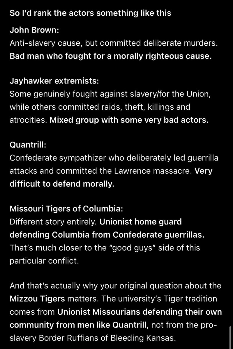 Tiger_Tom573's tweet photo. @jacksettleman It’s this simple. Brown used pro abolition to be a brutal nasty human. Quantrill was basically just as evil except he wanted slavery. The Missouri Tigers were the only good group in all this and actually have nothing to do with the border wars that took place. https://t.co/A7zIQ0GaBu