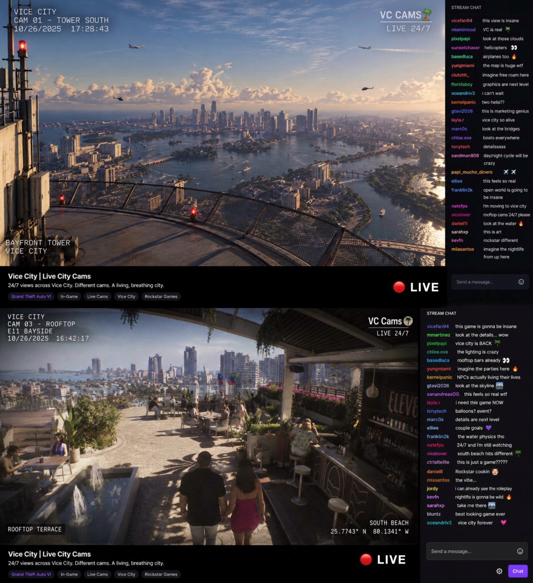GTAVI_Countdown's tweet photo. GTA 6 marketing idea: Multiple Twitch or YouTube livestreams running 24/7, showing different areas in Vice City as CCTV footage.

No commentary or story, just the city in the background: the ambiance, traffic, NPCs, weather, police, planes and random events.

This is a really creative marketing idea and would be the perfect way to demonstrate how alive the world of the game is, especially now that NPCs will have their own routines and there’s even a rush hour with increased traffic density.

(Source: https://t.co/4EuhIiSyIL)