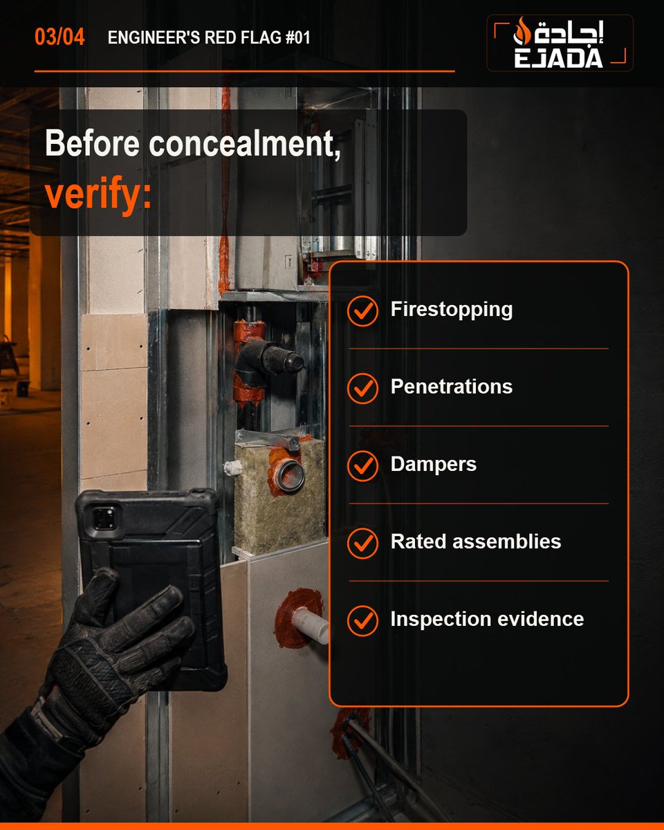 ejadasafety's tweet photo. Engineer's Red Flag: Never Let Critical Passive Fire Work Disappear Before Verification

#EngineersRedFlag #FireEngineering #PassiveFireProtection #SiteInspection #FireSafety #ConstructionQuality #EjadaSafety #EjadaSafetyUAE #EjadaAbuDhabi https://t.co/vnwvj8lDfR