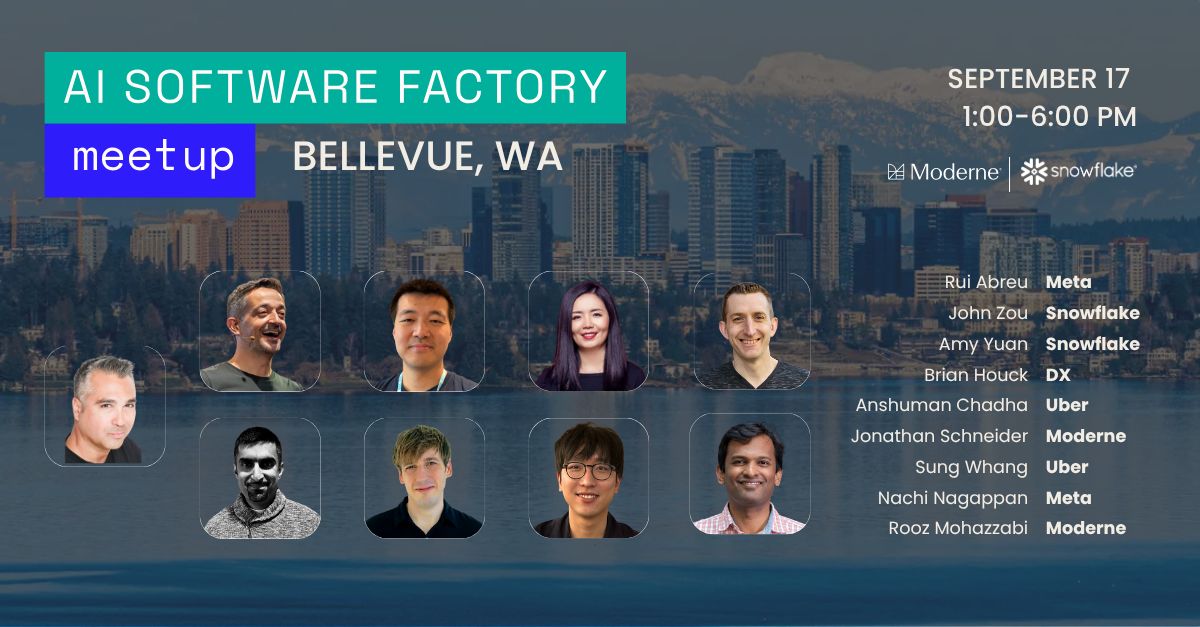 OpenRewrite's tweet photo. On Sep. 17, join us at Snowflake HQ in Bellevue for an afternoon of talks and an open panel with leaders from Meta, Uber, Snowflake, and Moderne, where they'll walk through what they've actually built.

Save your seat ⤵️
https://t.co/CgjGbZM7jR https://t.co/sca7AY5b9q