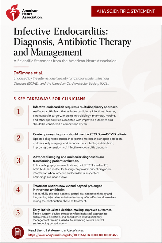 AHAScience's tweet photo. Infective endocarditis (IE) remains a life-threatening infection with substantial short- and long-term risks for those who survive an initial episode. Interest in IE has grown substantially due to notable shifts in its epidemiology and rising incidence.

Here are 5 things to know. 

More here: https://t.co/f25zSlkb6h