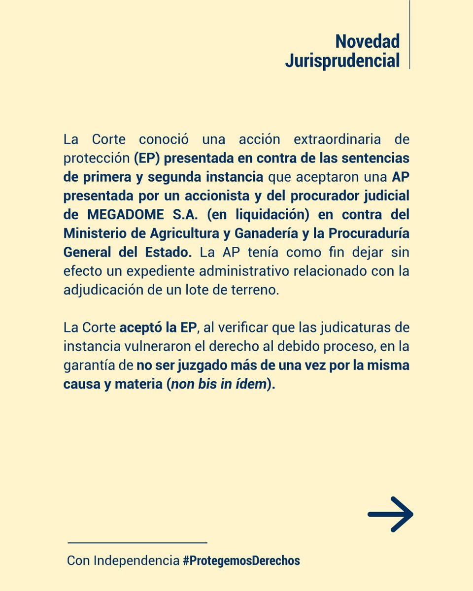 CorteConstEcu's tweet photo. #NovedadJurisprudencialCC | La Corte Constitucional determinó que presentar sucesivamente acciones de protección sobre un mismo conflicto vulnera la garantía de non bis in ídem. 

👉🏽 Sentencia 1532-25-EP/26: https://t.co/7taN9eHOPU https://t.co/5XHdBrBDyc