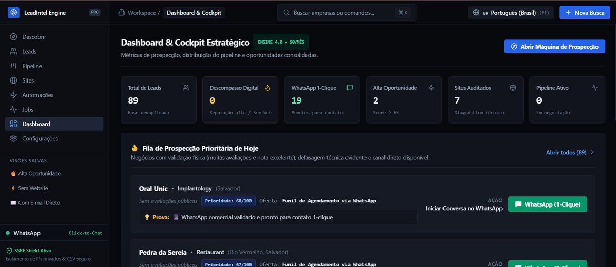 IcarusD3v's tweet photo. tô construindo um projeto pra resolver meu próprio fluxo de prospecção: o LeadIntel Engine.

quem prospecta no dia a dia sabe o saco que é: abre mapa, caça empresa, entra em site por site pra ver se tá fora do ar ou defasado, valida contato na mão e joga tudo numa planilha que logo fica abandonada.

a ideia dele é juntar essa bagunça toda num fluxo só, tanto pra rodar no Brasil quanto na gringa. 

o que tô montando nele por enquanto:
- descoberta visual por mapa e busca por região
- triagem de presença online (ver se não tem site oficial ou se cabe redesign)
- scoring de oportunidade e filtros comerciais pra separar o que vale abordar
- cockpit com fila prioritária do dia pra focar direto nos contatos certos
- botão de 1 clique pra puxar o WhatsApp direto
- módulo de automações e rotinas em background que ainda tô estruturando

ainda tá em desenvolvimento ativo, mas a meta é liberar open source assim que a v1 estiver redonda e estável.