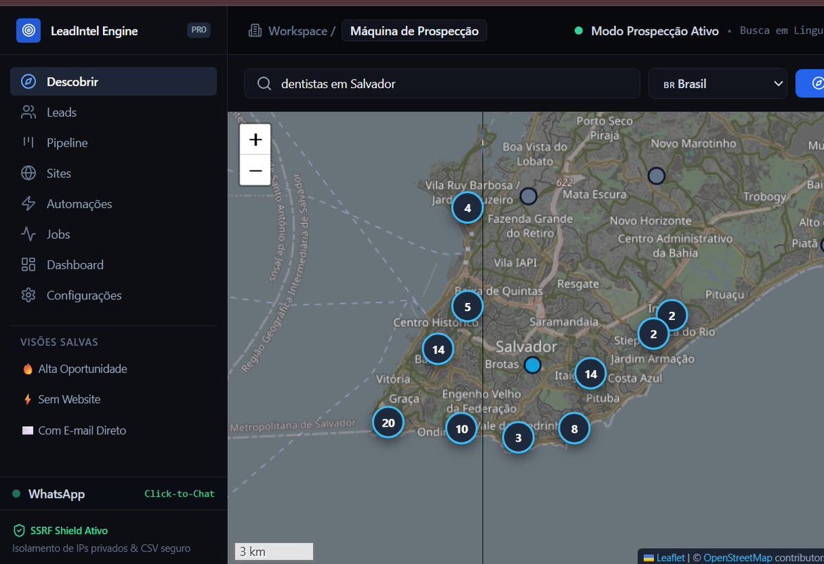 IcarusD3v's tweet photo. tô construindo um projeto pra resolver meu próprio fluxo de prospecção: o LeadIntel Engine.

quem prospecta no dia a dia sabe o saco que é: abre mapa, caça empresa, entra em site por site pra ver se tá fora do ar ou defasado, valida contato na mão e joga tudo numa planilha que logo fica abandonada.

a ideia dele é juntar essa bagunça toda num fluxo só, tanto pra rodar no Brasil quanto na gringa. 

o que tô montando nele por enquanto:
- descoberta visual por mapa e busca por região
- triagem de presença online (ver se não tem site oficial ou se cabe redesign)
- scoring de oportunidade e filtros comerciais pra separar o que vale abordar
- cockpit com fila prioritária do dia pra focar direto nos contatos certos
- botão de 1 clique pra puxar o WhatsApp direto
- módulo de automações e rotinas em background que ainda tô estruturando

ainda tá em desenvolvimento ativo, mas a meta é liberar open source assim que a v1 estiver redonda e estável.