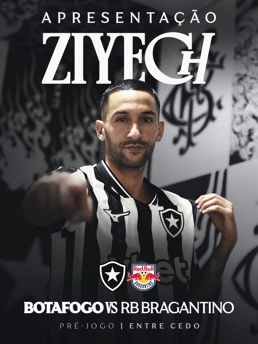 Botafogo's tweet photo. APRESENTAÇÃO DE ZIYECH À TORCIDA! ENTRE CEDO! 🫵🏾🇲🇦

O primeiro contato do craque com a torcida alvinegra no Nilton Santos acontece neste sábado, antes do embate com o RB Bragantino! 🧙🏾‍♂️🏟️

Acesse https://t.co/p7cjaOw6VA e garanta o seu ingresso para o jogo! 🎫 #VamosBOTAFOGO #NossoAmor