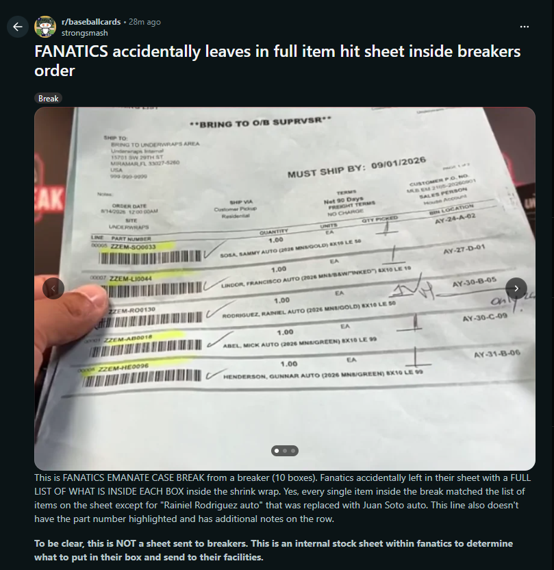 MeatballsRedux's tweet photo. From Reddit: Poster claims Fanatics mistakenly sent an internal packing sheet identifying the contents of each Emanate box from a sealed case sent to a breaker. The list then matched up to the results of the case break, so Fanatics knows exactly what's in each case

Links below https://t.co/Sc4x1GSUA0
