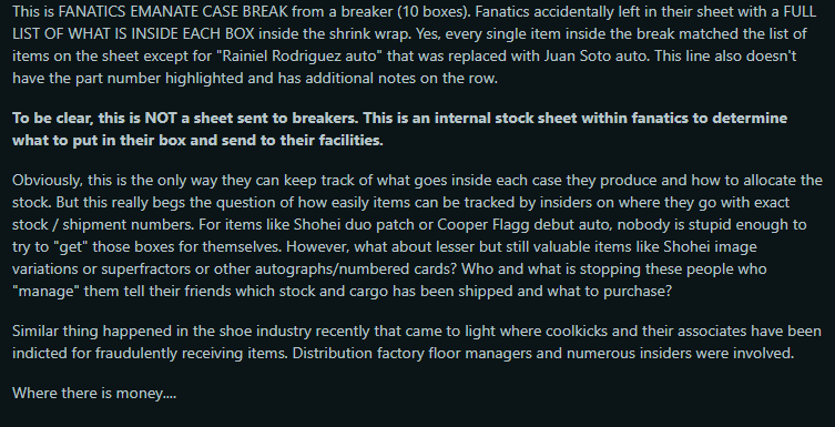 MeatballsRedux's tweet photo. From Reddit: Poster claims Fanatics mistakenly sent an internal packing sheet identifying the contents of each Emanate box from a sealed case sent to a breaker. The list then matched up to the results of the case break, so Fanatics knows exactly what's in each case

Links below https://t.co/Sc4x1GSUA0