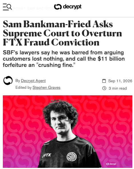 Cryptotea's tweet photo. Sam Bankman-Fried just filed a petition with the Supreme Court asking to overturn his fraud conviction https://t.co/3i9knpCp56